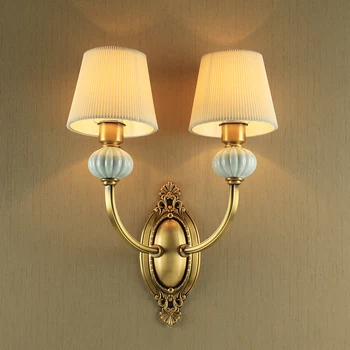 Европейски стил Синьо керамичен стенен лампа Месинг Огледален Лампа Wandlamp хол с монтиран на стената лампа, спалня лампа хотелски инженеринг осветление