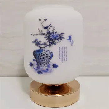 Настолна Лампа от Сензорния Стъкло в китайски стил, Синьо-бялата Порцеланова Живопис, Декорация, с Галванично Покритие, Нощни лека нощ за Спалня