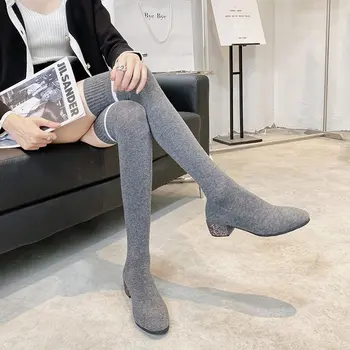 Модерен дамски ботуши над коляното с пръсти; колекция 2021 г.; Пролетни Нови Топли ботуши над коляното на среден ток; женски сиви, меки и дълги обувки-тръба ; Дамски обувки