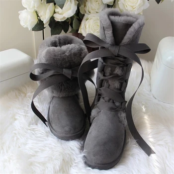 2022 Дамски Зимни обувки от най-Високо качество, 100% Естествена овча кожа, Високи ботуши дантела от естествена кожа топла Вълна, Зимни дамски Обувки