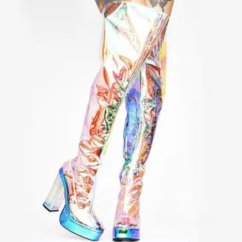 Дамски модни Цветни ботуши над Коляното от Прозрачен PVC платформа, дамски Прозрачни ботуши до бедрото, с цип, с кръгло бомбе на Квадратен Ток