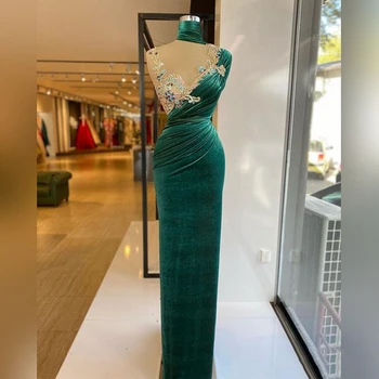 Синьо-зелени рокли на Русалка De Cocktai 2023, Модерно рокля за абитуриентски бал с V-образно деколте и Бриллиантовыми рюшами, Атласное рокля на мълния до глезена