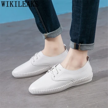 Дамски обувки-Oxfords, бели Кожени Обувки, дамски летни обувки на равна подметка в корейски стил, дамски ежедневни Zapatillas Mujer, Verano Buty Damski
