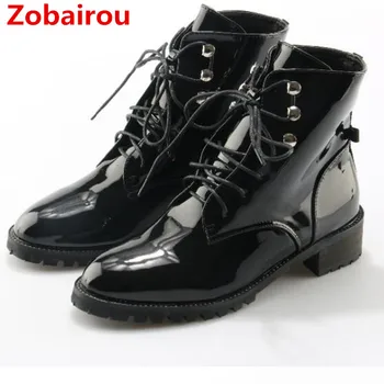 Zobairou/2018 г. модни ботильоны от лачена кожа за жени; мотоциклетни ботуши на равна подметка със шнур; обувки Челси в стил пънк; дамски обувки ; бот