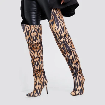 Arden Фуртадо/зимни модни дамски обувки; ботуши над коляното на висок ток с леопардовым принтом; плисирани Елегантни ботуши до бедрата 43