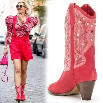 Женски нови модни дамски обувки, велур обикновена розови обувки на висок ток с остри нитове и остри пръсти в ретро стил, Botas Mujer