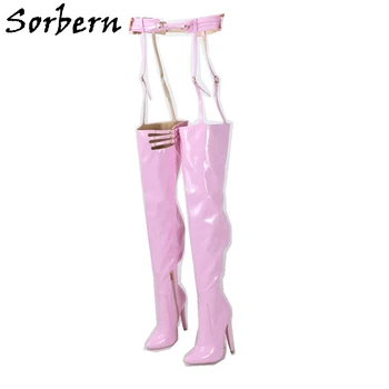 Sorbern/Детски Розови Блестящи Ботуши до бедрата, женски, С Колан и обувки на Висок ток-висок ток, с остри пръсти, Размер Eu36, Дамски обувки на частичен цип