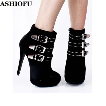 ASHIOFU/Нови Дамски обувки ръчна изработка на обувки с високи токчета с три джапанки и катарами, вечерни Ботильоны, Чубрица вечерни модни къси Ботуши на платформа