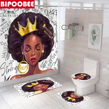 Афроамериканские Жени с Принтом Crown Завеса За Душ Завеси За Баня Черни Постелки За Баня, за Момичета Комплект Постелки За Тоалетна Декорация на Дома