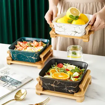 Скандинавска креативна плодови салатница дървена рамка на квадратна мрамор керамични плодови чиния проста квадратна чиния десерт