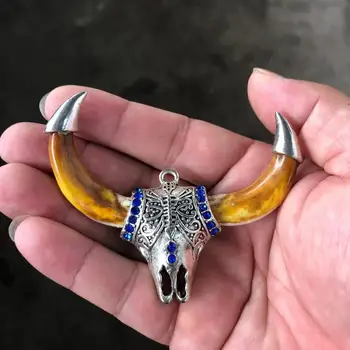 Китайски Античен Медальон С Зъбите Дива Свиня, Инкрустированное Тибетское Сребърна Огърлица С Бича Глава