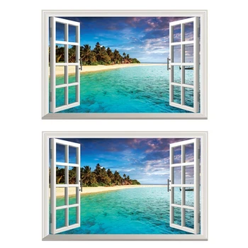 2X 3D Океана Природа Изглед Към Морето Стенни Рисувани Прозорци Начало Декор Стикер Стая Картина за Плакат Изкуство