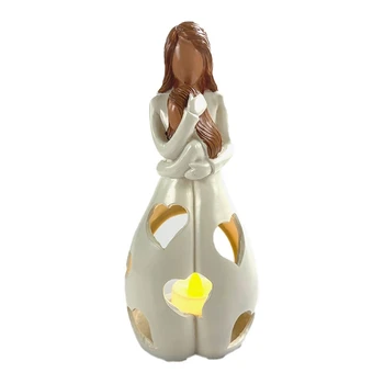 Стои Статуя на Майката, Обнимающей Дъщеря, Статуетки От Смола, Свещник с Блестящия си Светодиодна Свещ, Сувенири, Изваяни