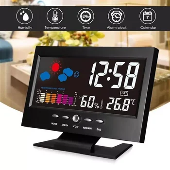 Календарни Часовници Цифров LCD Влагомер Стайни помещения Повторение на Звук-Управление на Осветление с Цветен Прогнозата за Времето