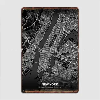 Карта На Ню Йорк, Черна Метална Табела, Плакат Клуб Клуб Бар По Поръчка Рисувани Декор Лидице Знак Плакат