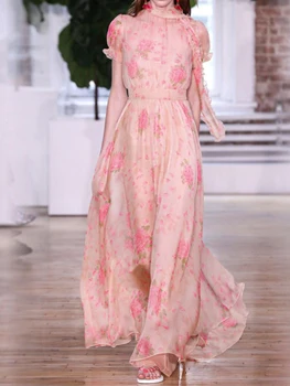 Жена шифоновое рокля 2022, ново ретро розова рокля с еластичен колан, темпераментное дълга лятна рокля с цветен модел