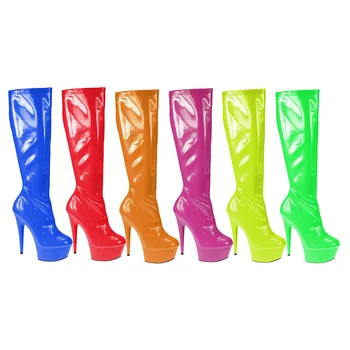 TIMETANG/ многоцветни водоустойчиви ботуши до коляното на висок ток 15 см, женски обувки от лачена кожа с кръгла пръсти, големи Размери