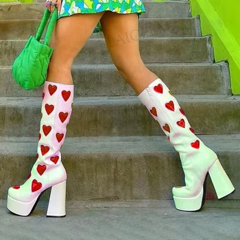 BERZIMER/Дамски ботуши до коляното на платформа с цип, обувки на висок масивна блок ток със сърца, дамски обувки в стил мозайка, Големи Размери 39, 42, 44, 47
