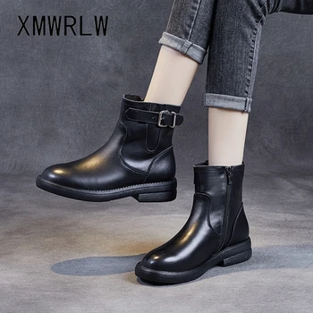 XMWRL/женски ботильоны на равна подметка; есента на обувки от естествена кожа; нескользящие женски ботильоны в стил ретро; колекция 2021 г.; есенен дамски обувки
