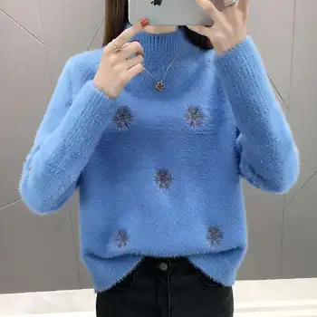 Модерен нов дамски есенно-зимния пуловер с полувысоким деколте, луксозна рамка с бродерия във формата на снежинки, безплатни безалкохолни вязаный пуловер за жени