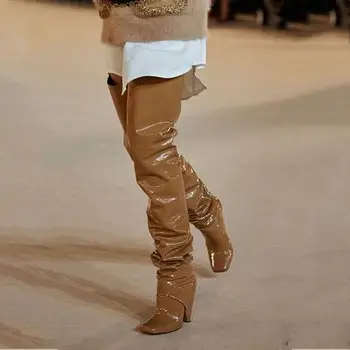 Зимните Пикантни ботуши над коляното от лачена кожа, обувки на тънък Висок ток с шипове, дамски обувки на платформа, Zapatos De Mujer Botas 2021