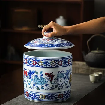 Голям Синьо-Бял Порцеланов Контейнер За Чай, Китайски Ретро Рисувана Органайзер За Чай, Чайна, Холна Маса, Украса За Дома