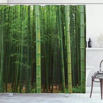 Бамбук завеса за душ, Изображение на бамбуково скеле, Екзотично свежа визия на джунглата с високи стъбла, Тропически арт принт, Плат