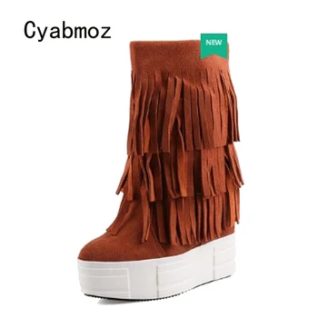 Cyabmoz/Нови Къси Зимни Зимни обувки, обувки, които растежа, Дамски Обувки на Платформа с Пискюли от Естествена Кожа, Скрита обувки на Висок ток, за Партита