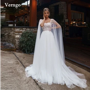 Verngo Нов Дизайн Тюлевые Сватбени Рокли Апликация на Перли, Мъниста Дълго Наметало Скъпа Разгъвка на Струята Сватбени Рокли Robe de mariage