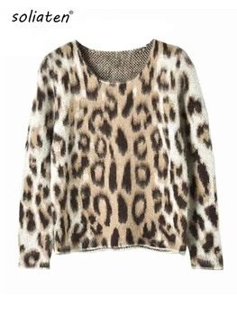 В продажба Есенно-зимни Дамски Пуловери, Блузи, Кафяв Леопардового на Цвят, с Дълъг Ръкав, Скъсяване на Плетени Потници C-168
