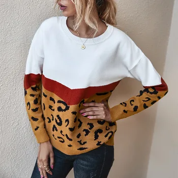 2021 Висококачествен Женски Вълнен пуловер Дами, Есенно-Зимния Пуловер с Леопардовым Принтом, Пуловер с Кръгло деколте, Голям размер