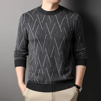 луксозен мъжки висококачествен вязаный пуловер с кръгло деколте и отстрочкой, цвят 2023, есен нова британската тенденция, модерен пуловер с дъното, всекидневни