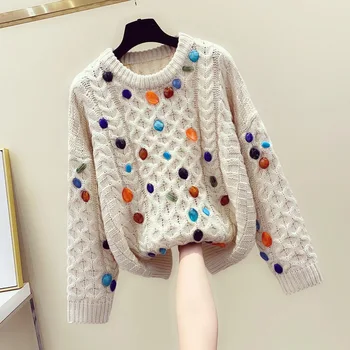 2020 Есенно-зимния Свободен пуловер с обрат, дамски Блузи Ръчно изработени с Мъниста, джъмпери, вязаная дрехи, пуловер оверсайз, дамски разпродажба