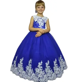 Синя рокля на цветчета за момичетата, Дълга рокля от тюл с цветен модел за деца, Дълга рокля с влак за малката шаферка