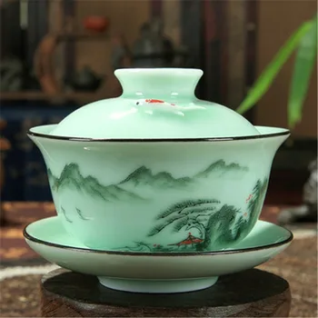 Домакински китайски Чай Гайвань Цвят на Морска вълна, Кунг-фу, ръчно рисувани гайвань под глазура, принт планинска река, спелеологическая супа от супник, чиния