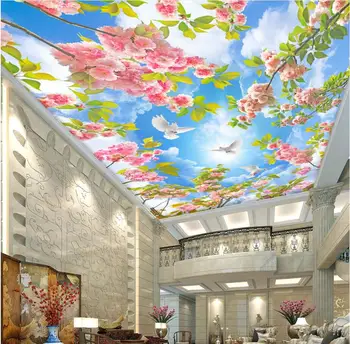 Потребителски снимки на 3d таван стенописи тапети декор живопис Синьо небе, цветя, гълъби стая 3d стенописи тапети за стени d 3