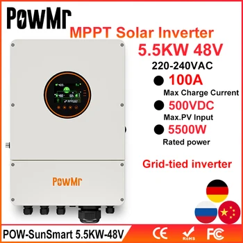 PowMr 5500 W Мрежа Хибриден Слънчев Инвертор 48 230 vac Изход MPPT 100A МАКС Фотоэлектрическая Панел 500 vdc с функция за Защита от противоположна посока