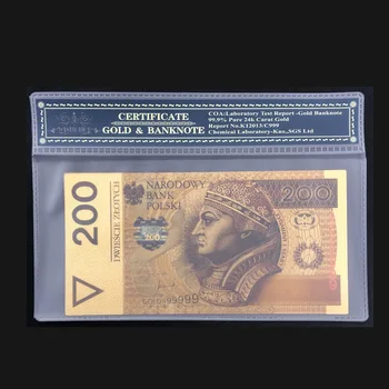 Банкноти Ница Poland 200 PLN Златна банкнота с рамка COA от 24-каратово позлатените злато за бизнес колекция
