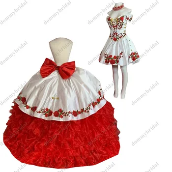 2023 Малко Червено-бяло Пищни Топка рокля 2 в 1, Разкошни Рокли със златни Копчета и цветен Модел, Вечерна Рокля за Бала от две части XV
