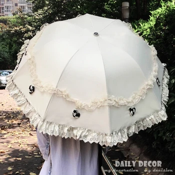 Новост! модерен корейски завързана сгъваем UV-чадър от слънце с крем, женски, черно, прозрачен дантелен чадър с раница