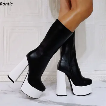 Rontic/Модни дамски зимни обувки до средата на прасците На Платформа От Изкуствена кожа не сужающемся надолу Масивна обувки с Кръгло бомбе, Елегантни черни вечерни обувки, размер САЩ 5-15