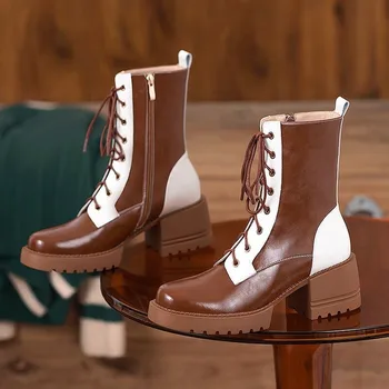 2022 Дамски обувки на платформа и висок ток, за боядисана дамски обувки, дамски обувки дантела отпред, улични дамски обувки със страничен цип