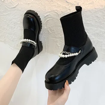 Дамски ботуши Нови 2021 г. Дамски обувки с Кръгло бомбе Луксозен Дизайнерски Обувки До средата на Прасците На Ниско Дамском Модерния Каучуке Черно на Цвят в стил 