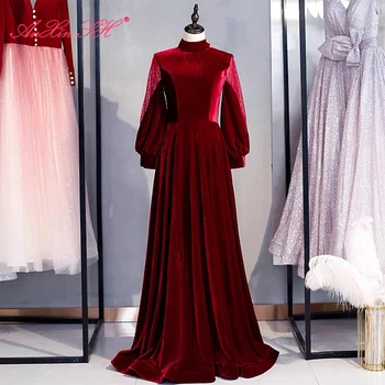AnXin SH принцеса вино-червено велюровое вечерна рокля винтажное вечерна рокля с високо воротом и дълъг ръкав-фенерче и лък вечерна рокля на булката дантела