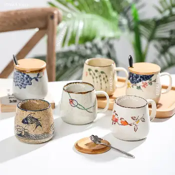 Японската креативна керамична чаша голяма чаша за закуска овесена каша, чаша за мляко голям капацитет ръчно рисувани mark чаша ретро чаена чаша