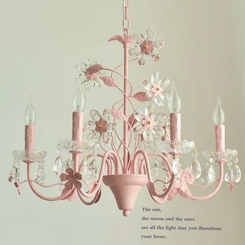 Европейски стил творчески 6 глави розово цвете кристал полилей лампи за момичета, спалня, детска стая светлини E14 AC110-240V