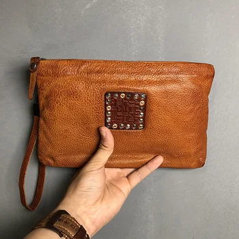 Оригинален нов европейски и американски ретро-просто случаен портфейл-клатч ръчно изработени от телешка кожа с цип