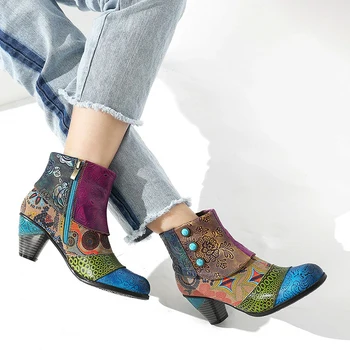 2022 Нови Цветни Обувки в Стил ретро с Модел От Изкуствена Кожа, Прекрасни Ботуши с Цип На Високо Квадратен Токчета, Елегантни Дамски Обувки