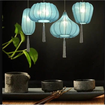 Нови китайски висящи лампи ресторант хол син на тъканта, лампа чайна хотел клуб бар фенер висящ лампа LU7293