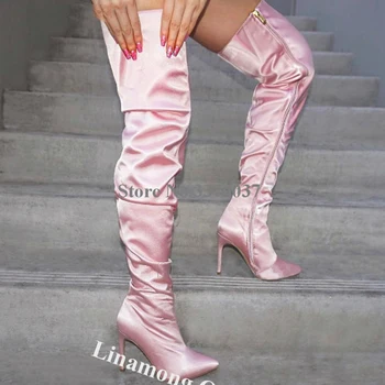 Linamong/ Очарователен Розов Сатен ботуши над коляното на висок ток-висок ток с остър пръсти и тънък страничен цип, дълги Ботуши на Висок Ток, Модел обувки